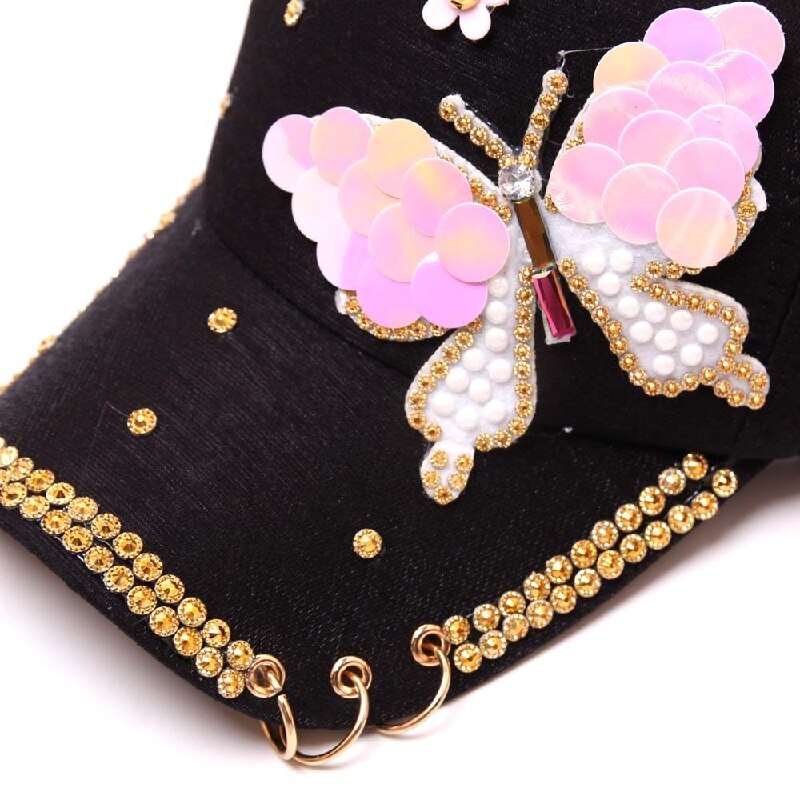 Autumn Women&#39;s Baseball Cap Women Full Crystal Colorful Big Butterfly Hat Cotton Shiny Metal Snapback Caps Hip Hop hats