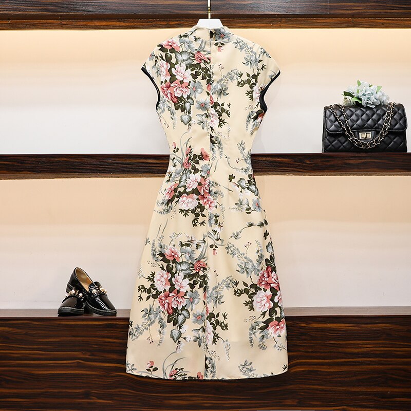 Grote Plus Size M-4XL Vintage Chinese Slanke Jurk Qipao Casual Party Vrouwen A-lijn Jurk Korte Mouw Zomer Cheongsam Jurken