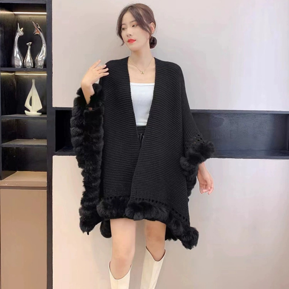 Herfst Winter Warme Oversized Lange Poncho Capes Koord Faux Bont Uitgehold Gebreide Outstreet Sjaal Mantel Vrouwen Dragen Losse Jas