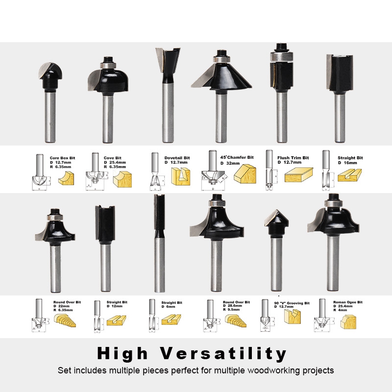 12Pcs 6mm Router Bits Set Shank Tungsten Carbide Router Bit Cutter Set with Wooden Case for Wood