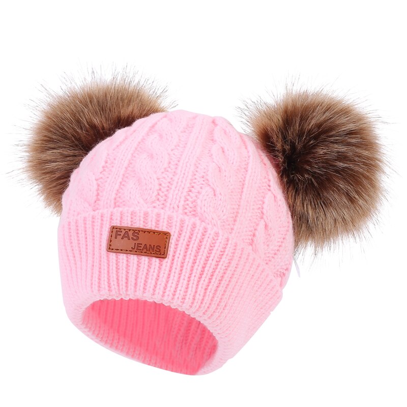 Gorro de Crochet para bebé doble extraíble, Gorro con pompón para niñas pequeñas, gorros de invierno para niños con pompón de piel sintética, gorros para niños: light pink