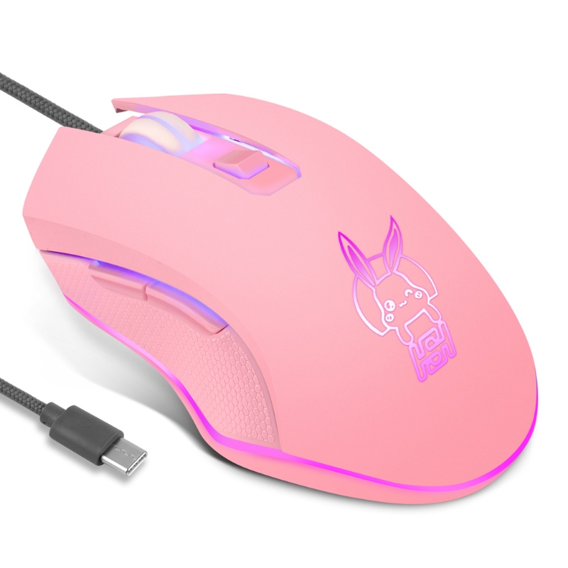 Pink Rabbit USB C Mouse with LED Backlight 2400DPI Type C Wired Mouse for MacBook Chromebook Laptop Matebook X Tablet