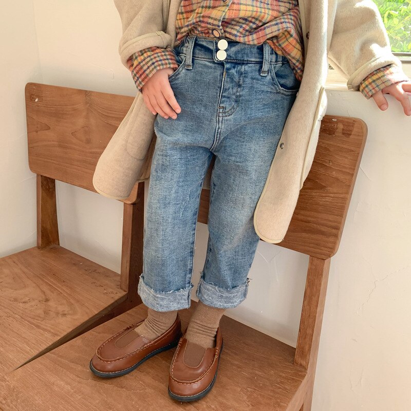 Pantalones vaqueros para niños y niñas, pantalones vaqueros elásticos para otoño , pantalones vaqueros sueltos y rectos para niños