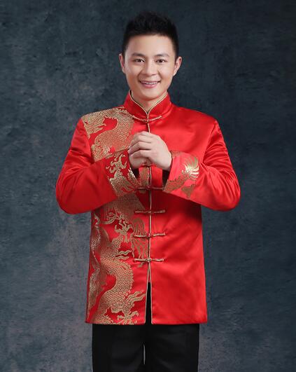 Chinese traditionele kleding bruiloft reed borduurwerk bruid kleding mannen tang pak vintage stand kraag tuniek pak: A style / M