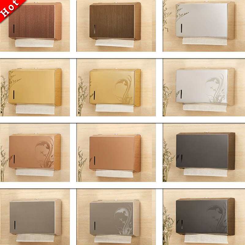 Caja metálica de pañuelos de papel, dispensador de toallas de papel, oro, baño público, pared doble de acero inoxidable, montada en la pared, sin perforación, FH020