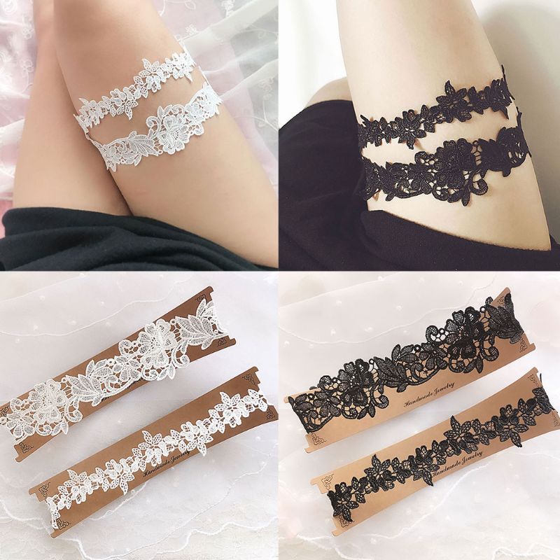 2 unids/set ligas de pierna de novia de boda para mujer Color sólido negro/blanco encaje flor hueco bordado anillos elásticos de goma