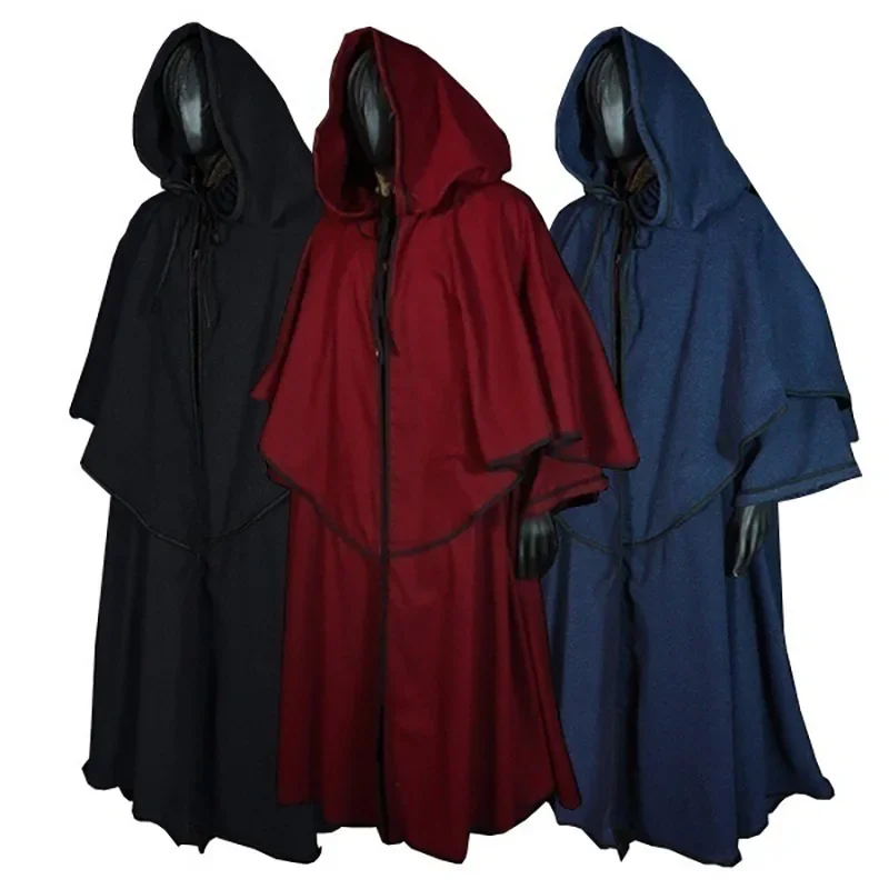 Halloween Medieval Stage Show Costume Black Assassin Cape Carnival Adult Cosplay Prop Robe Hooded Bandage Caped Wizard Clothes