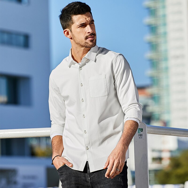Kuegou vår bomullslomme vanlig hvit skjorte herre kjole knapp casual slim fit langermet mannlig fritidsmerke klær 6838