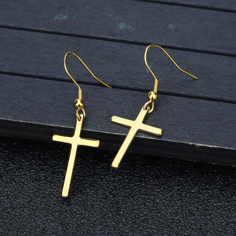 Boucles d'oreilles ethniques pour femmes, grandes croix, longues, en titane et acier, 3 couleurs, bijoux ethniques: Gold