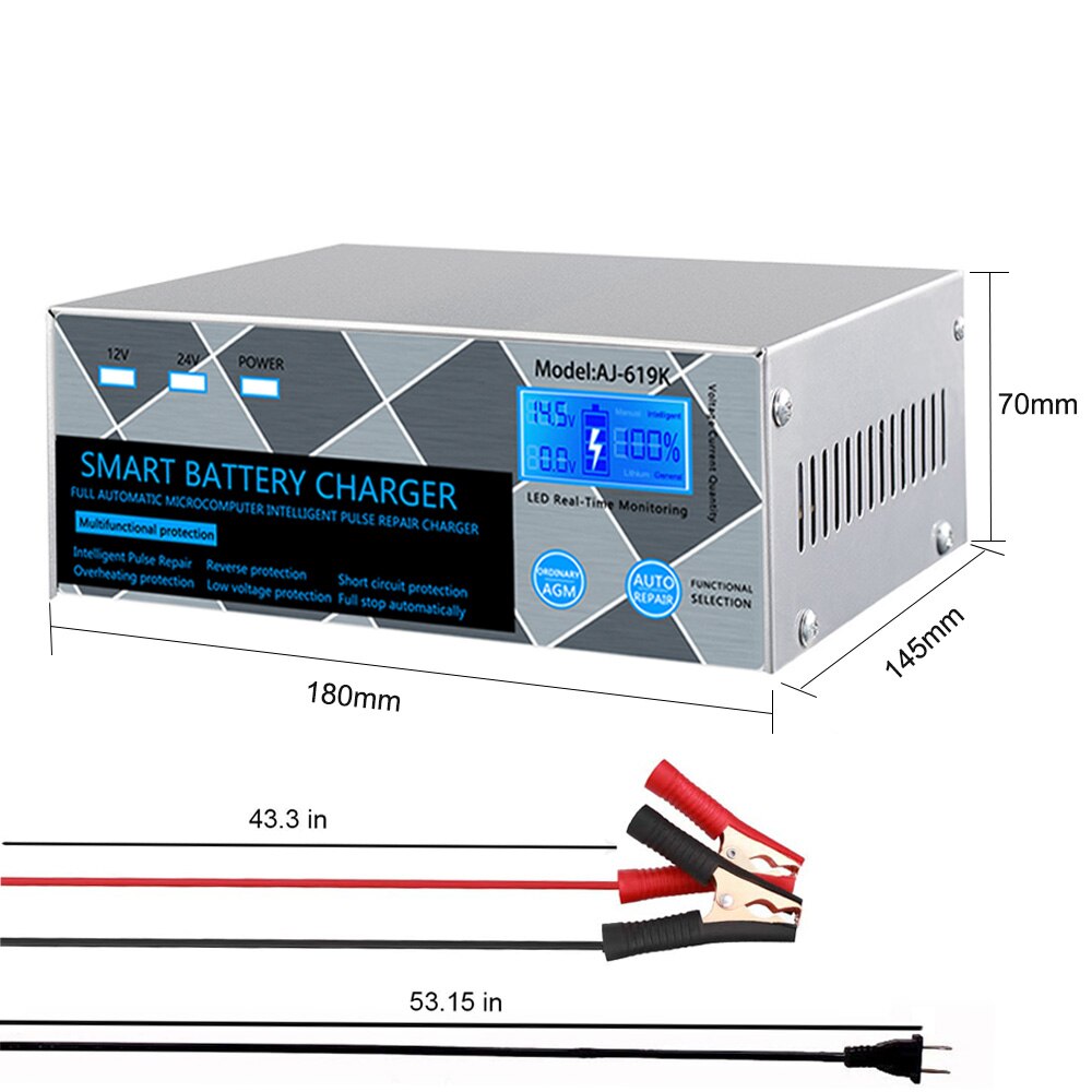 car battery charger pulse repair 12V 24V 15A for lithium iron lead acid AGM start-stop batteries motorcycle auto charger