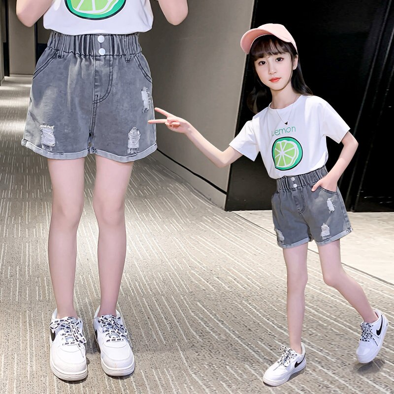 Pantalones cortos de tela vaquera con botón para niños, vaqueros de algodón rasgados para niñas, ropa de para adolescentes, color gris