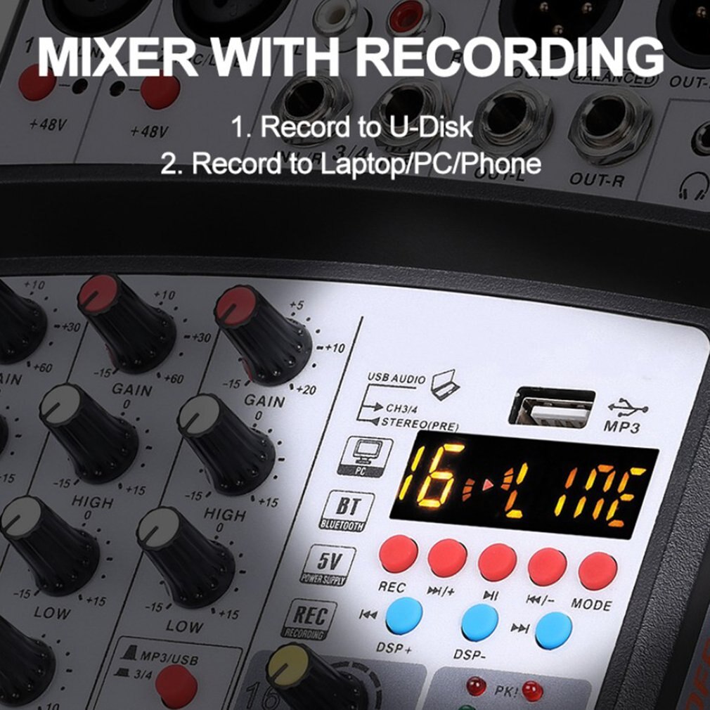 Portable Mini Mixer Audio Dj Console 4-Kanaals Met Geluidskaart, Usb, 48V Phantom Power Voor Pc Opname Zingen Webcast Party