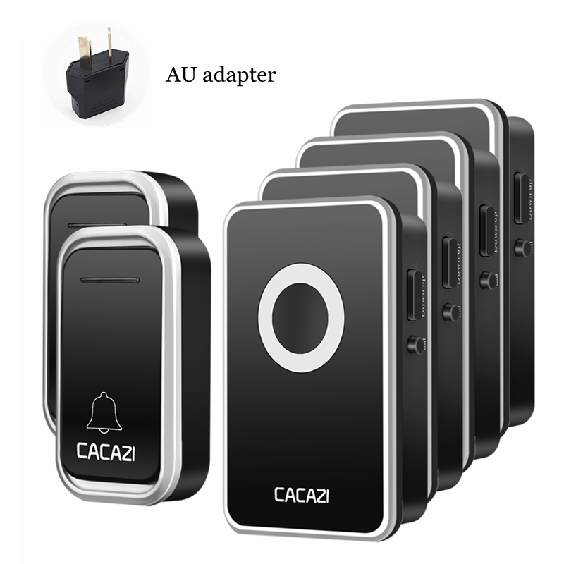 CACAZI Wireless Doorbell Waterproof 300M Remote 2 Battery Button 4 Receiver led light US EU Plug Home Cordless door bell chime: black 2x4 AU