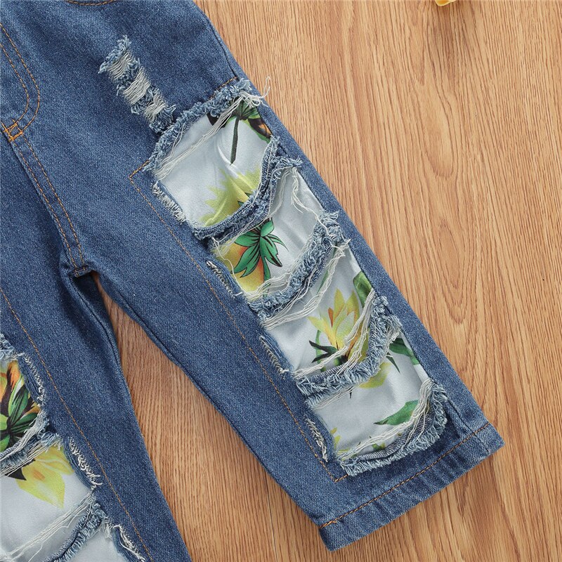 Estate Del Bambino Dei Capretti Del Bambino Delle Ragazze Tute E Salopette Pagliaccetto Fiori di Stampa Blu Denim Pantaloni Dritti Lunghi Tute E Tute Da Palestra Della Ragazza Del Bambino