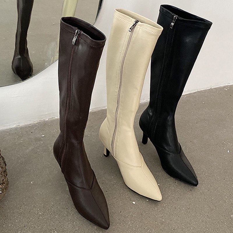 Trending kvinder spidse knæ høje støvler blyant høje hæle beige støvler brun blødt læder lynlåse støvler dame sko