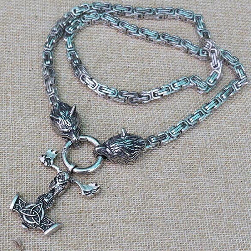 Men's Viking Wolf Head and Thor's Skull Goat Hammer Mjolnir Pendant Necklace Large Making Animal Necklace