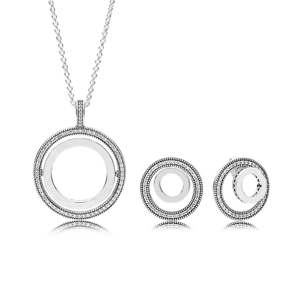 100% 925 Sterling Silver 297446CZ-1 FOREVER SIGNATURE EARRING STUDS 397410CZ Spinning Hearts of Necklace Set RAU0483
