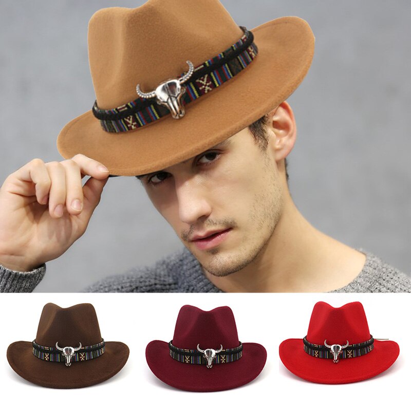 Hombres Mujeres Retro fieltro Cap Western Cowboy gorra con visera ancha HSJ88