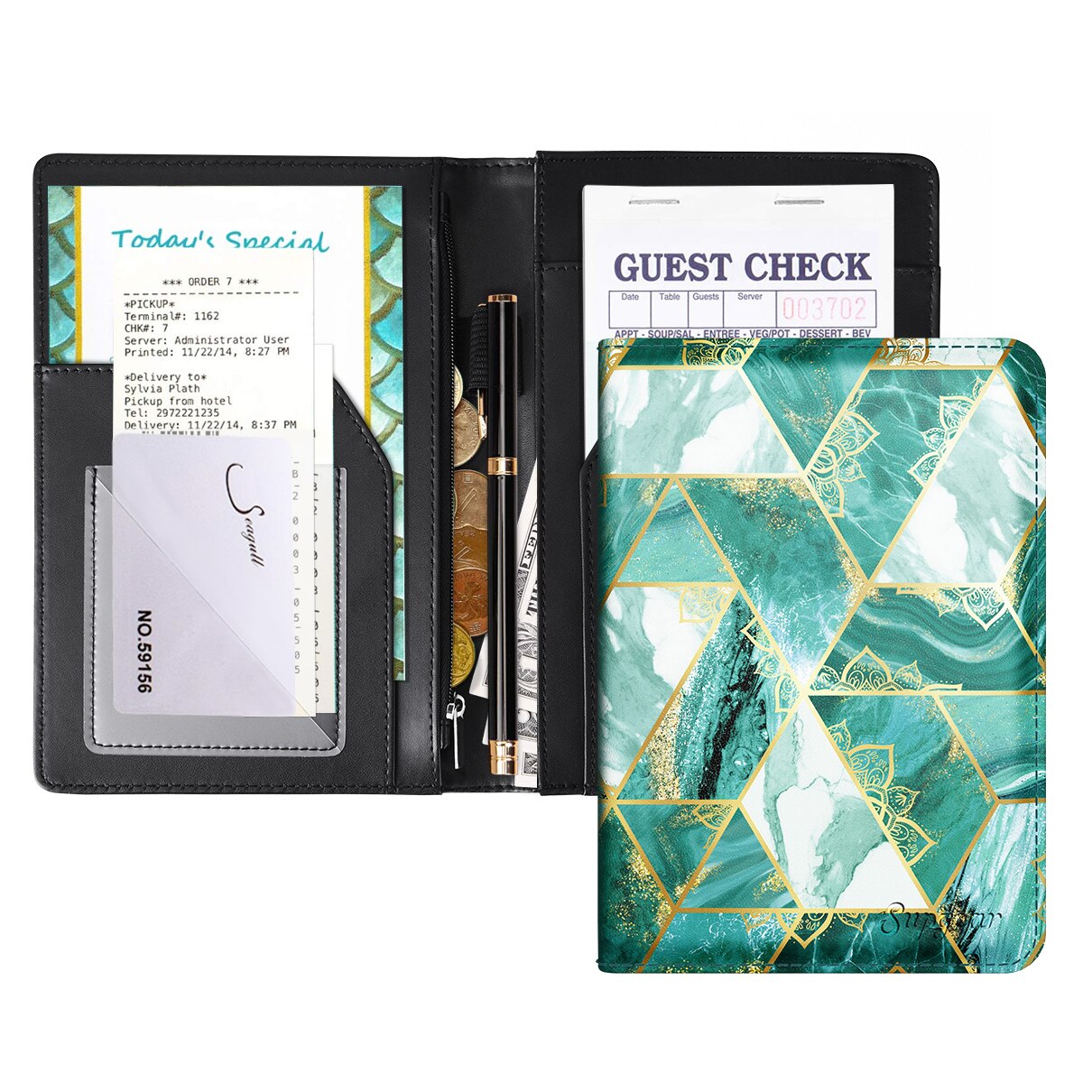Server Book for Waitress Waiter Marble Pouch with Pen Holder check folder restaurant hotel coffee shop checkbook Pocket holder