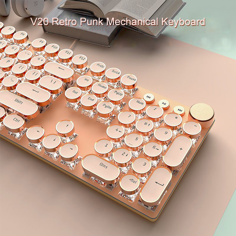 EWEADN V20 Punk Typewriter Mechanical Gaming Keyboard, 104 Keys Round Keycaps LED White Backlit, Key-wire separation: Pink