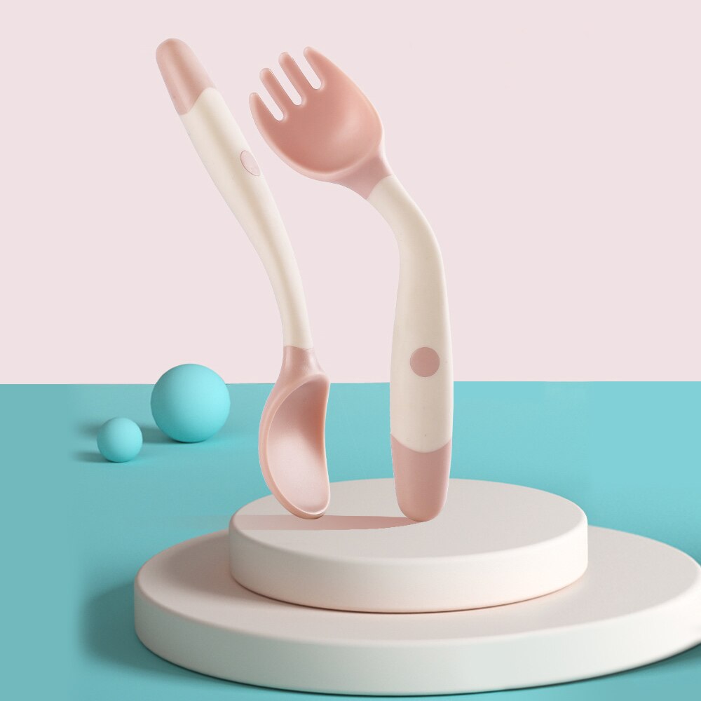 2Pcs Baby Silicone Spoon Toddler Training Bendable Soft Spoons Table Forks Auxiliary Food Utensils Children Tableware Set: Pink 2pcs