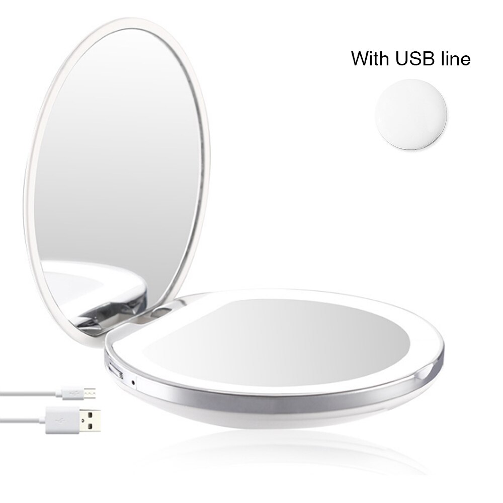 3x forstørrende foldbart led lys mini makeup spejl kompakt lomme ansigtslæbe kosmetisk spejl rejse bærbart lys makeup spejl: Hvid