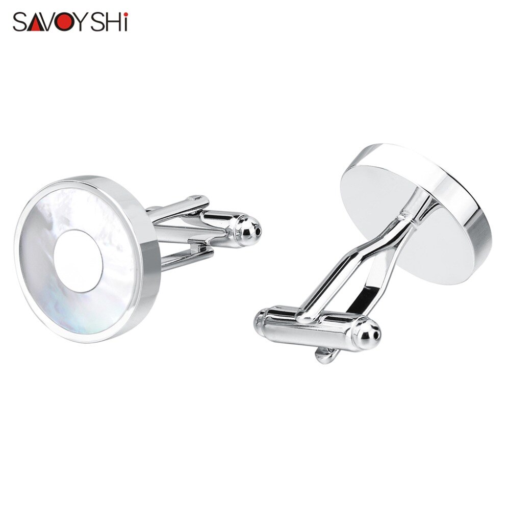 SAVOYSHI Silver color Mens Cufflinks Brand White Shell Cuff links Round Formal Business Wedding Shirts Jewelry