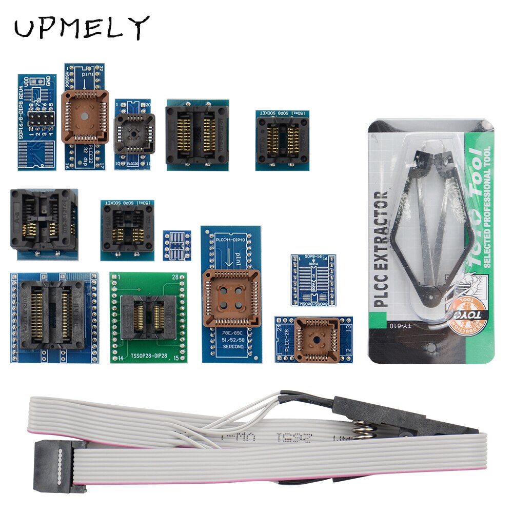 Upmely  v11.9 tl866ii plus minipro nand flash avr pic bios usb ohjelmoija 8 sovitinta  tl866 ja 13 kpl yleispistorasialle