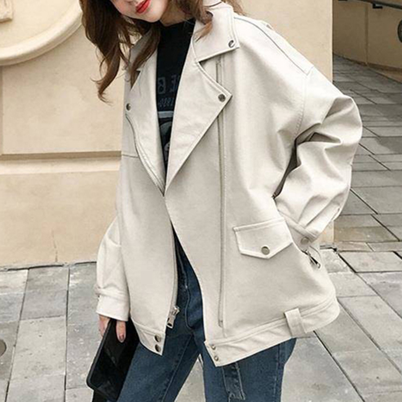 Vangull Oversized Coat Women Faux Leather Jacket Spring Autumn Loose Biker Motorcycle Jackets Female Punk Streetwear: L