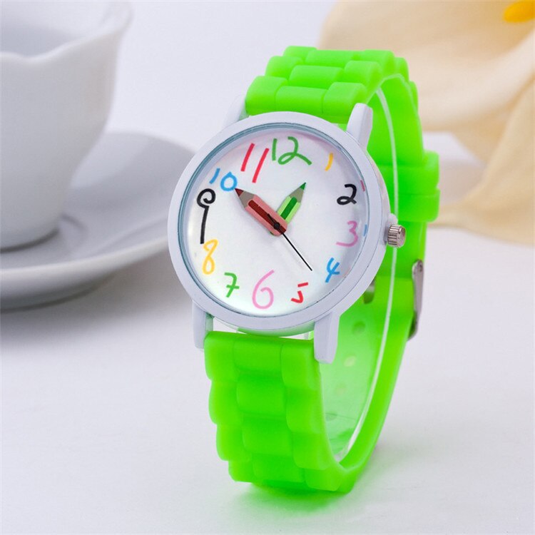 Mode Eenvoudige Mode Kinderen Kids Arabische Cijfers Potlood Analoge Weergave Quartz Horloge Voor: green