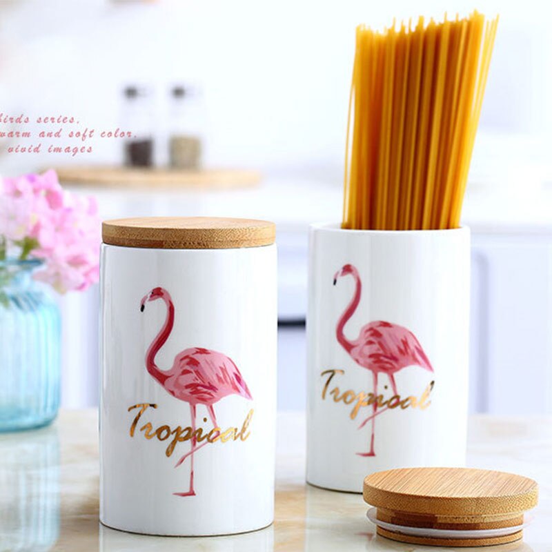 Køkkenartikler køkkenudstyr honningkrukke sukkerkrukke flamingo mærkat keramisk opbevaringsbeholder med bambuslåg og silikone kant
