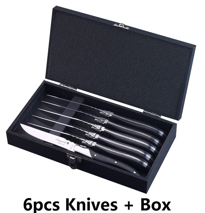 6 Stuks 8.7 "Laguiole Stijl Steak Mes Roestvrij Staal Zwarte Houten Handgrepen Diner Messen Bestek Bestek Set Westerse Bruiloft: 6pcs knives in box