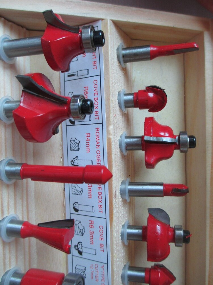 15pc Router Bit Set 1/4" 6.35mm Shank Wood Carving Tungsten Carbide Tipped Woodworking Milling Cutter Trimming knife w/Wood case