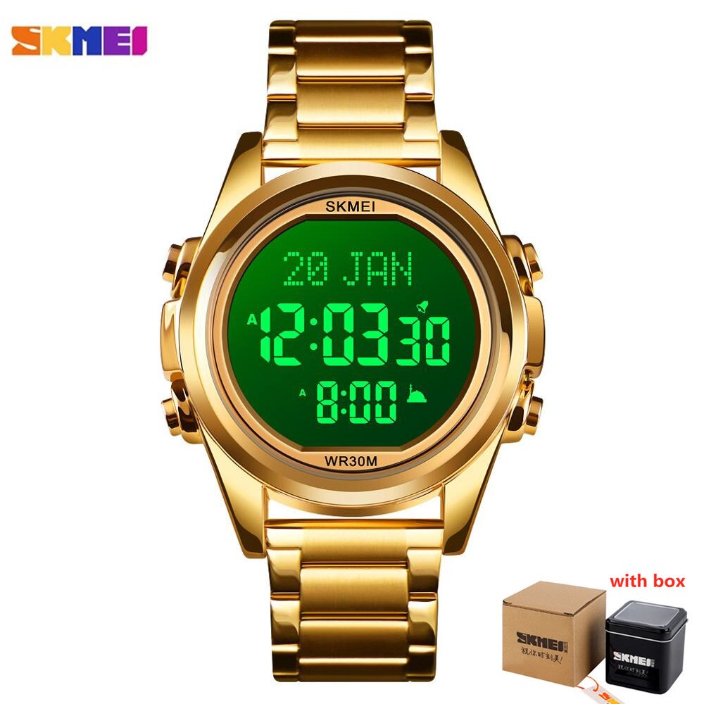 Skmei Moslim Azan Klok Horloge Voor Gebed Met Qibla Kompas Adhan Alarm Hijri Kalender Islamitische Al Harameen Fajr Tijd Horloge: gold B with box