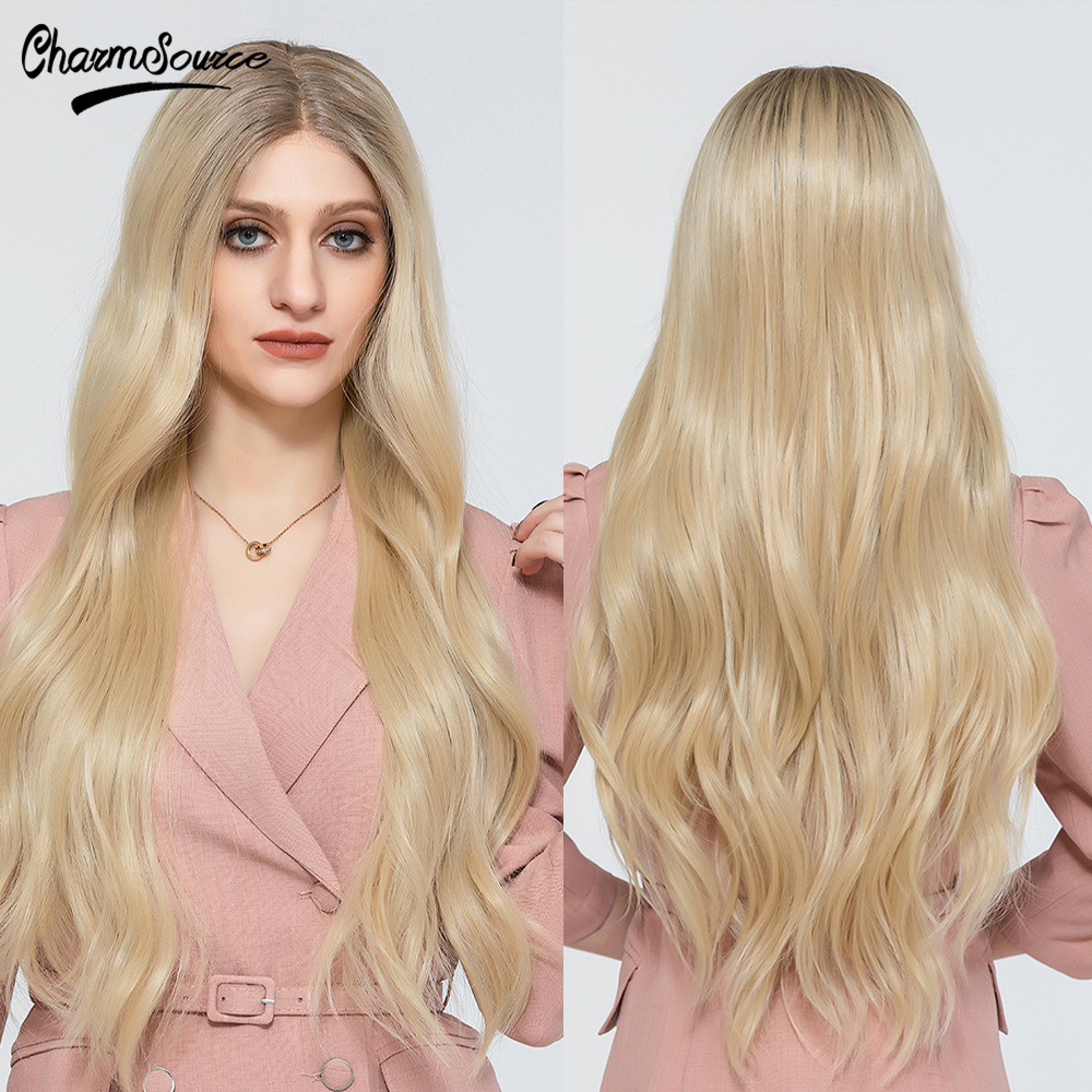 CharmSource Long Natural Wavy Lace Part Synthetic Wigs Light White Blonde for Women Daily Hair High Density Heat Resistant Wig: BL66025-1