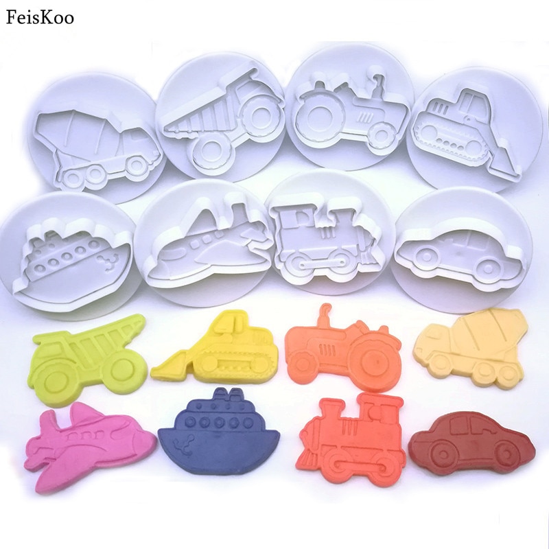 8Pcs 3D Auto Vliegtuig Trein Cookie Cutter Biscuit Mold Voor Bakken Plunger Sugarcraft Cookie Fondant Snijders Cake Decorating Gereedschap