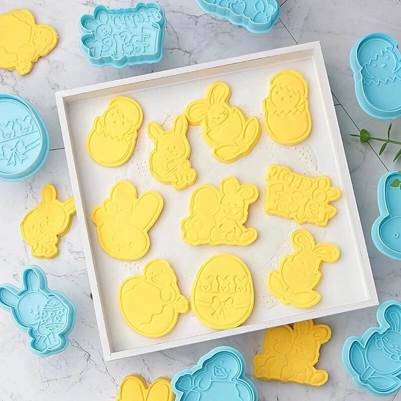 4Pcs Cookie Mold 3D Cartoon Bunny Eieren Biscuit Cutter Loaf Sugar Ambachtelijke Plunger Fondant Bakken Tools Gelukkig Pasen cake Decor