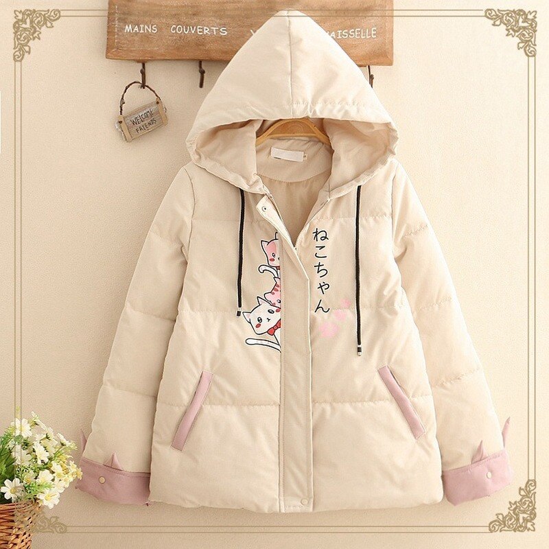Merry pretty mori menina jaqueta de inverno roupas femininas kawaii warmcoat grosso parka japonês bonito dos desenhos animados gato outwear casaco com capuz: S