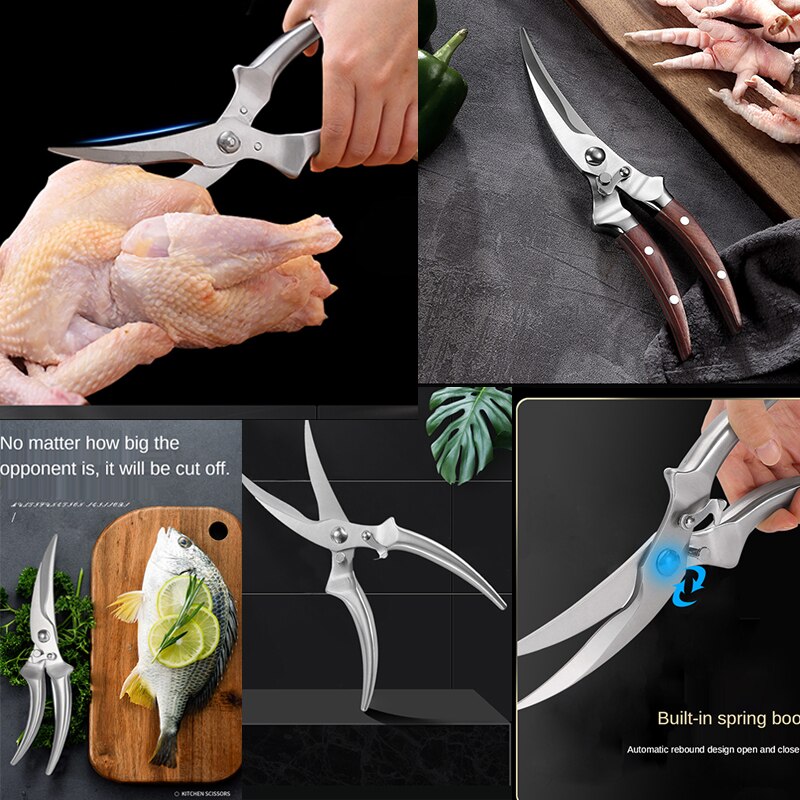 Wooden Handle Kitchen Knives Chef Knife Powerful Chicken Bone Scissors Duck Fish Cutter Stainless Steel Cleaver Knife Scissors