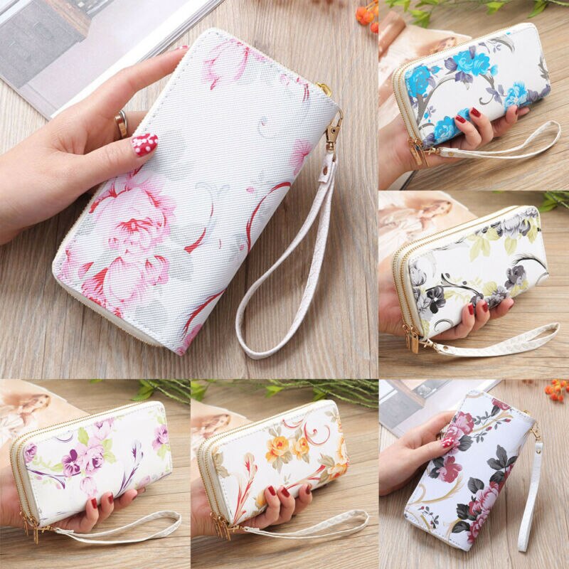 Vrouwen Lederen Dames Elegante Rose Gedrukt Portemonnee Lange Dubbele Rits Portemonnee Kaarthouder Case Clutch Telefoon Portefeuilles