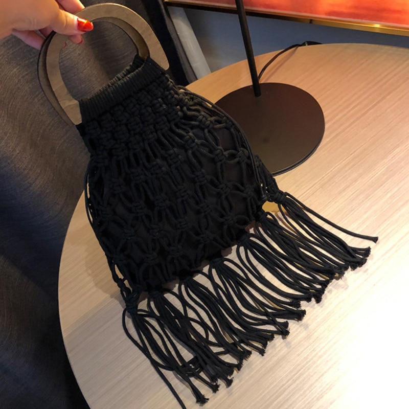 Vevd veske tre bærbar hule bomull tau dusk strand bag ferie nett veske strikket håndveske