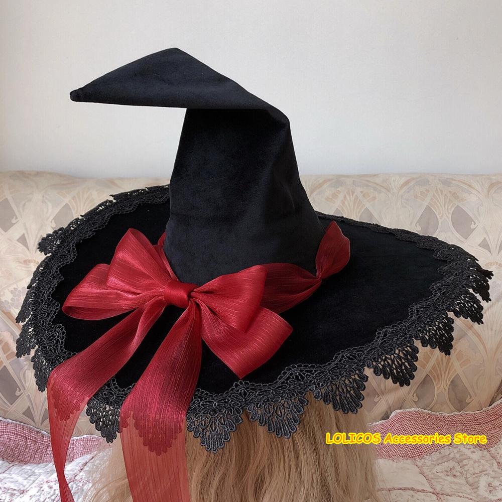 Gothic Magic Lolita Halloween Heks Hoed Kostuum Accessoires Props Vintage Kant Grote Boog Maskerade Partij Pet Tovenaarshoed