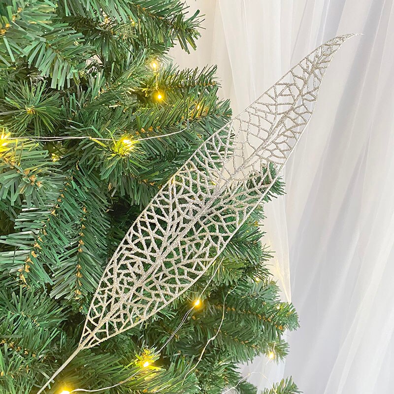 Julgran dekoration blad glitter ihåliga löv jul dekorativa blomma fest bröllop leveranser år: Silver-