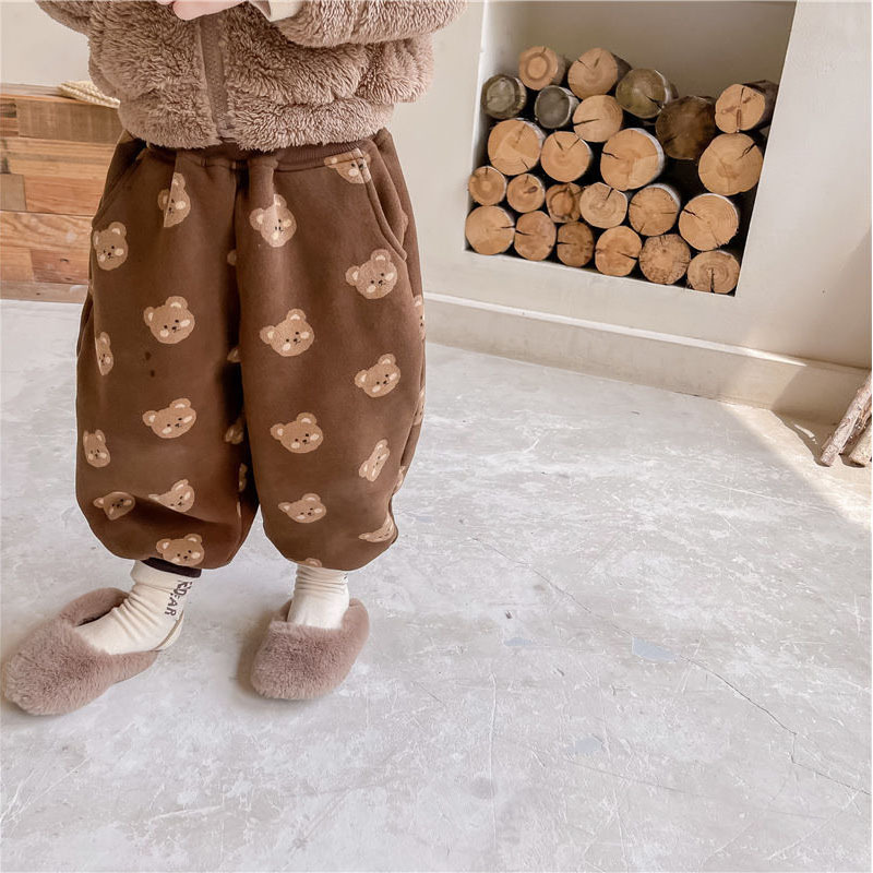 Winter Schattige Baby Beer Print Harembroek Fleece Warm Casual Broek Voor Jongens Baby Meisjes Losse Cartoon Broek kleding