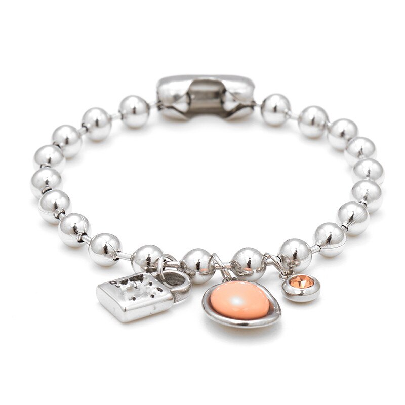 Conjunto de joyería para hombres y mujeres, pulsera de cuentas de 6mm con llave de bloqueo de corazones rosas, Color plata, oro y acero inoxidable, 50 redondos: Pink Bracelet