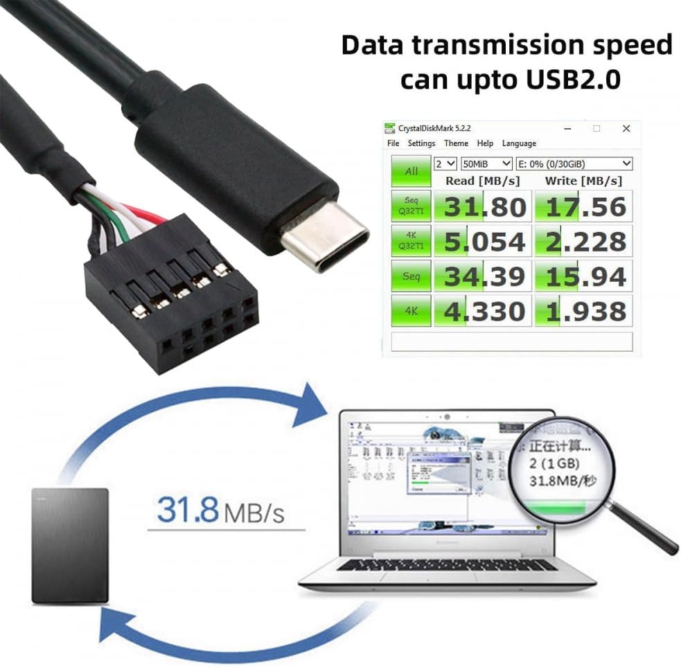 Kabel USB 2.0 Moederbord 9pin 10pin Header naar Type-C USB-C Kabel 50cm voor Mini Monitor Sensor Panel camera