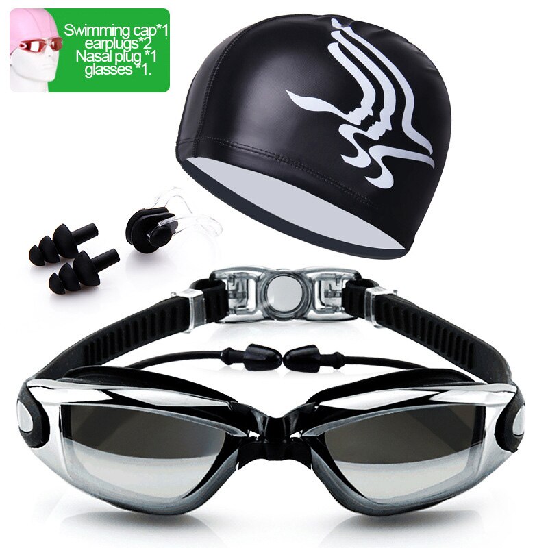 Svømmebriller voksen svømmebriller vandtæt dragt hd anti-fog 100%  uv justerbare svømmebriller til bassiner: P-sort