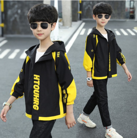 Odzież robocza kurtka jesień chłopięcy płaszcz duże dzieci wiosenne i jesienne ubrania chłopcy wiatrówka trencz z kapturem litery niejednolita całość: żółty / 120cm