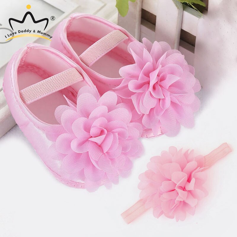 Rosa sløyfe prinsesse baby jente sko pannebånd sett pu leatherr myk bomull anti slip småbarn sko jenter sommer baby sko: Blomsterrosa / 13-18 måneder