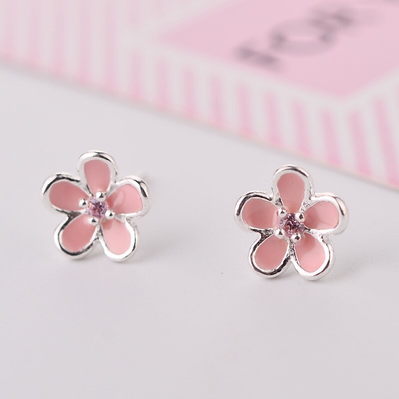 100% 925 Sterling Zilver Enamel Roze Bloem Stud Oorbellen Voor Vrouwen Luxe Hypoallergeen Sterling-Zilver-Sieraden Brincos EH527